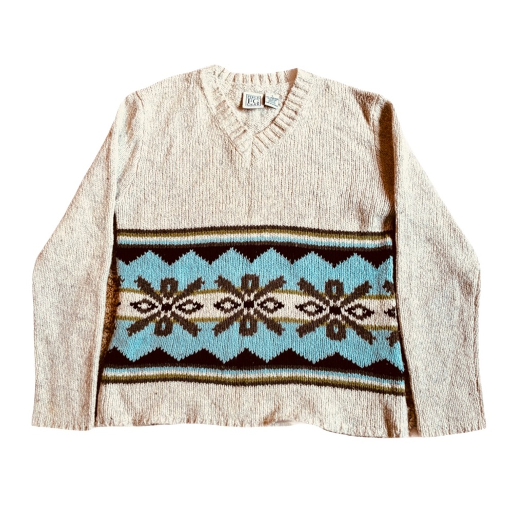 Field Gear Wool Blend Sweater, Sz. S, Heather Gray/Beige w/ Blue/Brown Border